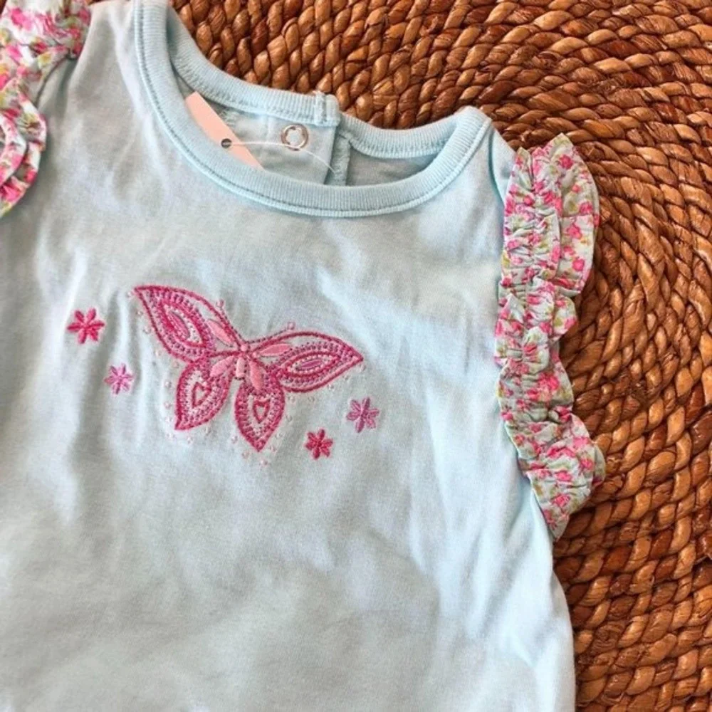 New 12‎ Mo Butterfly Ruffle Tee Embroidery Floral Bottoms Infant Girls 2 Piece